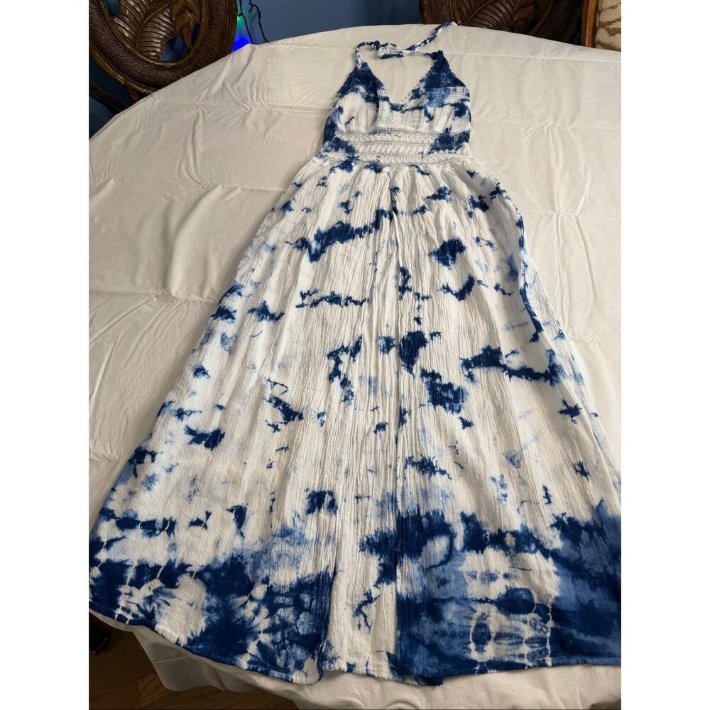 Seaspice Resort Wear Blue White Tie Dye Smocked Maxi Dress Size Large